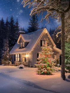 a lit up christmas tree in front of a house with snow falling on the ground