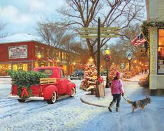 a painting of a woman walking her dog down the street in front of a christmas tree stand