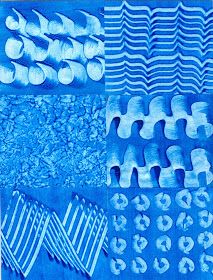 blue and white art work with different shapes