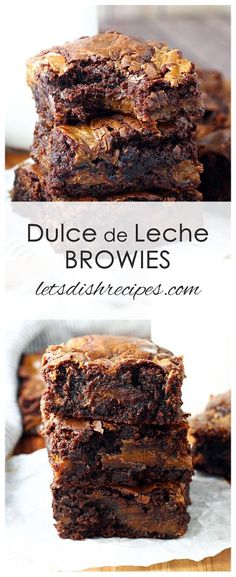 chocolate brownies stacked on top of each other with the words dulce de leche browns