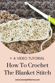 the crochet stitch is being used to make a blanket with yarn and scissors