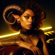 a woman with tattoos and horns on her head