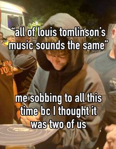 a person in a hoodie holding a plate with words on it that say, all of louis tomison's music sounds the same