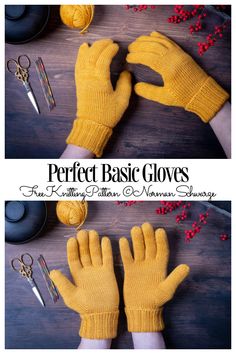 two pictures showing how to make knitted gloves with the words perfect basic gloves written on them