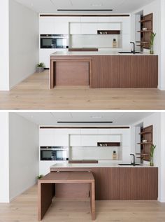 two pictures of the same kitchen in different angles