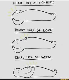 three different types of stomachs with the words, head full of nonsense heart full of love belly full of potato