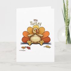 a card with a cartoon turkey sitting on the ground next to a vase filled with flowers