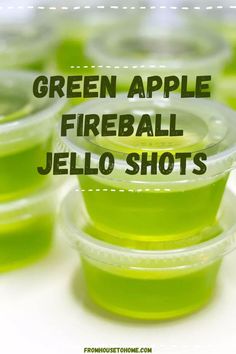 Green Apple Cinnamon Fireball Jello Shots Fall Themed Jello Shots, Pudding Shots With Fireball, Whiskey Jello Shots Recipe, Halloween Themed Jello Shots, Halloween Hello Shots, Jello Shots With Fireball, Green Apple Jello Shots