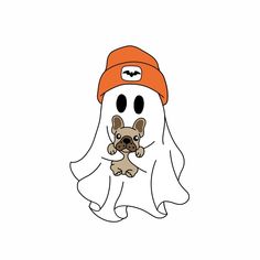 a dog in a ghost costume with a hat on