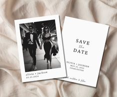 two wedding save the dates cards on top of a white sheet with black and white photos