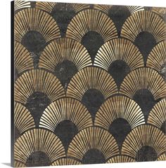 an art deco wallpaper design with fan shapes in gold, black and white colors