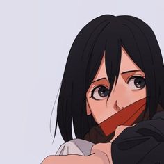 an anime character with black hair and brown eyes is holding her hand over her face