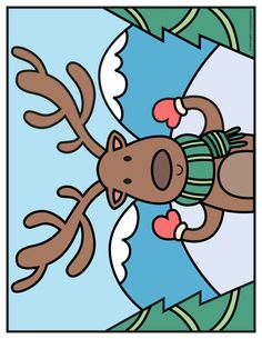 a drawing of a moose wearing a sweater and mittens, with his mouth open