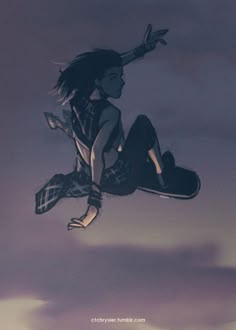 a woman flying through the air on top of a skateboard under a cloudy sky