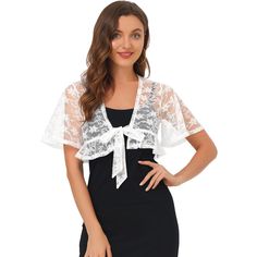 An elegant shrug with a flowy trim offers a charming look for day or night. It is designed with a cropped fit and a tie front design for a comfortable fit. This lace floral cardigan features a ruffle hem and cropped fit, perfectly covered up with sleeveless dresses for a wedding/evening look. Suitable for casual, work, date, wedding, evening parties, cocktails, night out, and daily wear. Modern and elegant, this cardigan style with softly lace fabric. A must-have item in your clothing wardrobe, Elegant Cropped Shrug For Spring, Elegant Cropped Spring Shrug, Elegant Spring Wrap Shrug, White Party Shrug For Spring, Spring Party Shrug With Lace Trim, Elegant Shrug, Cocktails Night, Dresses For A Wedding, Clothing Wardrobe