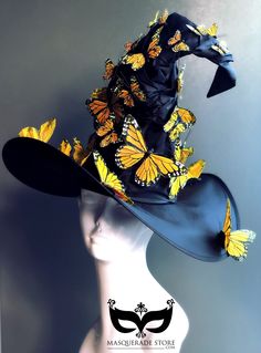 a black hat with yellow butterflies on it