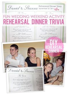 the wedding dinner program is being displayed with photos and information for guests to sign in