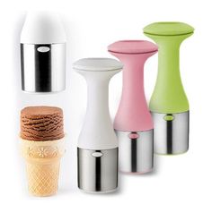 three different types of ice cream dispensers in various colors and sizes, including pink, green, blue, yellow or white