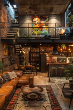 a living room filled with furniture next to a fire place under a loft style stair case