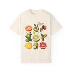 Vintage Citrus Comfort Colors Tshirt, Trendy Oversized Fruit Lovers Tee, Gifts for Citrus Lovers, Florida Souvenir .: The Comfort Colors 1717 tee is made with medium fabric (6.1 oz/yd² (206.8 g/m²)) consisting of high quality, 100% ring-spun US cotton for long-lasting comfort. .: The relaxed fit keeps the wearer comfy in both casual and semi-formal settings while the crew neckline delivers that classic, neat style which makes it perfect for accessorizing. .: The pre-shrunk fabric ensures a consi Retro Fruit, Fruit Shirt, Comfort Colors Tshirt, Retro Tee, Vintage Souvenir, Fruit Print, Citrus Fruit, Neat Style, Vintage Recipes