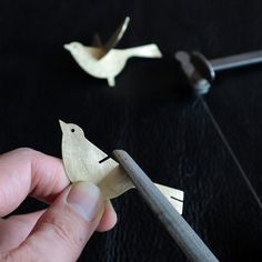 a hand holding a piece of wood with birds on it and another bird in the background