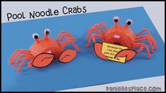 two paper crabs with googly eyes are on a blue background and the words pool noodle crabs