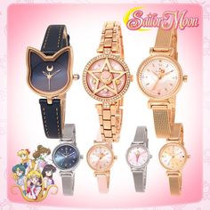 four different styles of watches with anime characters on the dials and numbers in gold