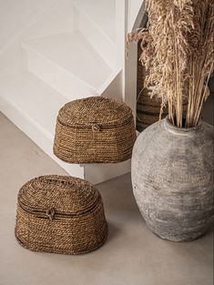 two baskets sitting next to each other on the ground near a stair case and plant