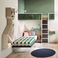 a child's bedroom with green and white walls, wooden flooring and bunk bed