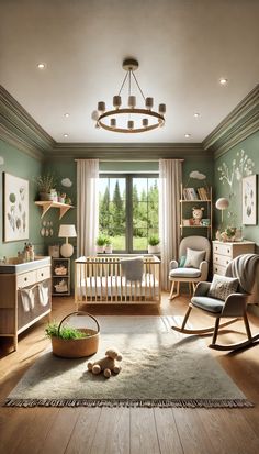 a baby's room with rocking chair, crib, dresser and large window