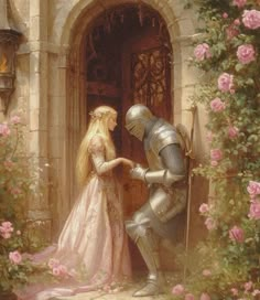 a painting of a knight standing next to a woman in front of a door with roses