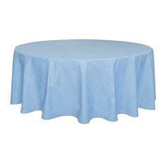 a round table with a blue cloth on it