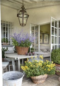 some plants are sitting on the outside patio table and chairs with flowers in their buckets