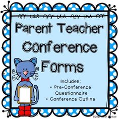 the parent teacher conference forms with blue polka dots and a cat holding a piece of paper