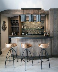 a bar with three stools in front of it