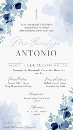 a blue and white wedding card with watercolor flowers on the front, in spanish