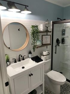 a bathroom with a sink, toilet and shower stall in the corner is decorated with greenery