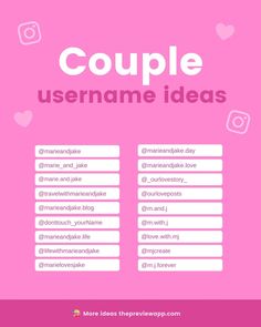 a pink poster with the words couple usernames on it and hearts in the background