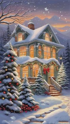 a painting of a house in the snow with christmas lights on it's windows