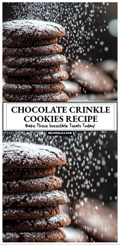 chocolate crinkle cookies are stacked on top of each other with powdered sugar