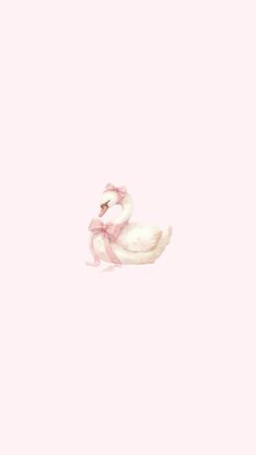 a white swan with a pink bow on its head floating in the air, against a light pink background