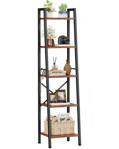 PRICES MAY VARY. [Making the Most of Space] Occupying only 12.9“D * 11.4”W of floor space with 5 tiers of vertical storage, this ladder shelf can help you make the most of tight spaces in and out of your room [Versatile Shelf] Rustic brown ladder bookshelf with black steel frames create a stylish industrial style, which can be used as a study office bookshelf, living room vertical bookshelf, kitchen storage shelves, display shelves, plant shelves, etc., to spice up any room such as living room, office, bedroom, bathroom and balcony [Multiple Sizes Availables] We have 3 sizes of bookcases for you to choose from, 4 tier, 5 tier and 6 tier, vintage style can be easily matched with any furniture, the additional 2 hooks can be used to hang keys, bags, headphones or other small items, not too mo Bedroom Racks Shelves, Narrow Ladder Shelf, Ladder Shelf Decor, Tall Narrow Bookcase, Bookshelf Kitchen, Shelves Plant, Bookcase With Storage, Vertical Bookshelf, Bookshelf Living Room