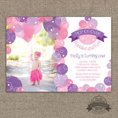 Bubbles & Fun Invitation - Pink and Purple - First Birthday or ANY age! Pop on Over for Bubbles and Fun Bubble Birthday Party Photo Invitation Any Colors ANY text - by Lemonade Design Studio Birthday Brunch Ideas, Bubble Invitations, Lemonade Design, Fun Invitations, Birthday Brunch, Brunch Invitations