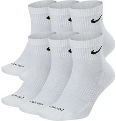 The Nike Everyday Plus Cushioned Socks bring comfort to your workout with extra cushioning under the heel and forefoot and a snug, supportive arch band. Sweat-wicking power and breathability up top help keep your feet dry and cool to help push you through that extra set. Fit & Design Cushioning under the forefoot and heel helps soften the impact of your workout Dri-FIT technology helps your feet stay dry and comfortable Band around the arch feels snug and supportive Breathable knit pattern on to Nike Ankle Socks, White Nike Socks, Quarter Socks, Nike Socks, White Socks, White Nike, Athletic Socks, Nike Store, Ankle Socks