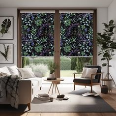 a living room with large windows covered in plants