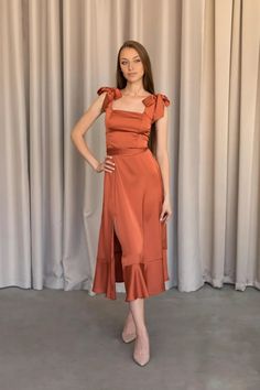 Fuchsia Satin Bridesmaids Midi Dress Wedding Guest Dress Cocktail Dres – Koutun Dress Rust Orange Dress Formal, Wedding Guest Dress Cocktail, Bridesmaid Dresses Midi, Rust Orange Dress, Satin Bridesmaids, Midi Dress Wedding, Rust Color Dress, Silk Bridesmaid Dresses, Midi Dress Wedding Guest