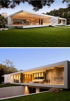 two pictures of the inside and outside of a house with grass in front of it