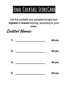 a cocktail score sheet with the name and number