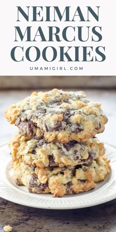 three chocolate chip cookies stacked on top of each other with the title overlaying