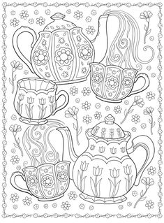 an adult coloring page with teapots and flowers